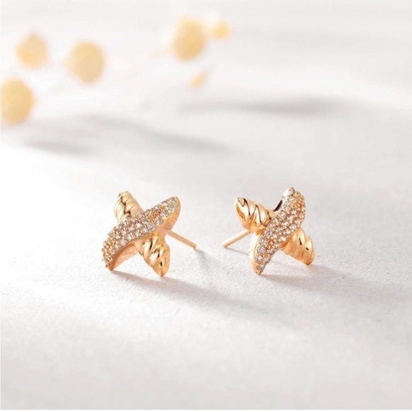 Gold 14k Gold Plated Cubic Zirconia Cross Stud Earrings - Picture 3 of 3